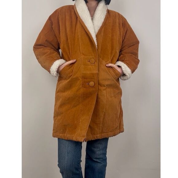 Vintage Suede Brown Genuine Leather Sherpa Coat - Picture 2 of 8